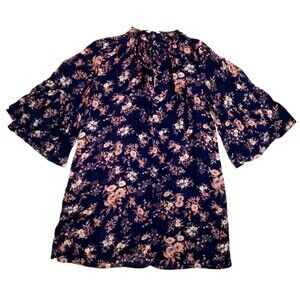 Lucky Brand Dress S Navy Floral Midi Sheer Bell Sleeves Boho Cottage Babydoll